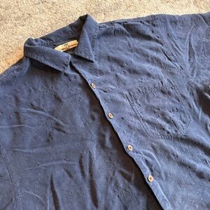 Tommy Bahama Relax 100% Silk Tropical Lead Jacquard Camp Navy Short Sleeve Shirt